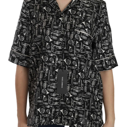 Black Musical Instrument Print Silk  Top