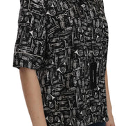 Black Musical Instrument Print Silk  Top