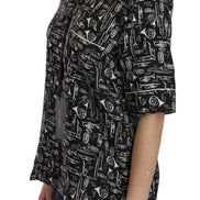 Black Musical Instrument Print Silk  Top