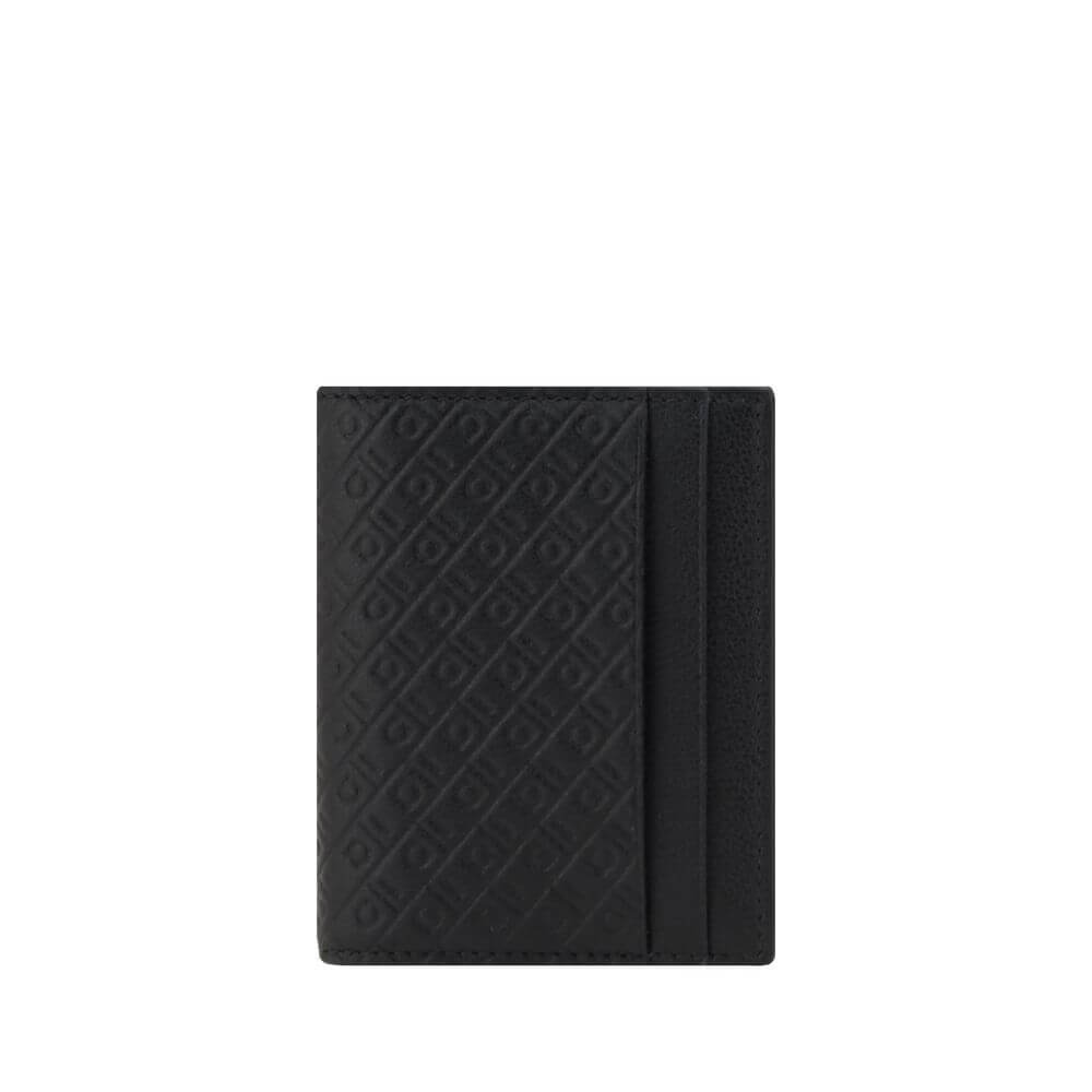Black calf leather wallet with an embossed design for elegant functionality and compact organization.