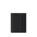 Black calf leather wallet with an embossed design for elegant functionality and compact organization.