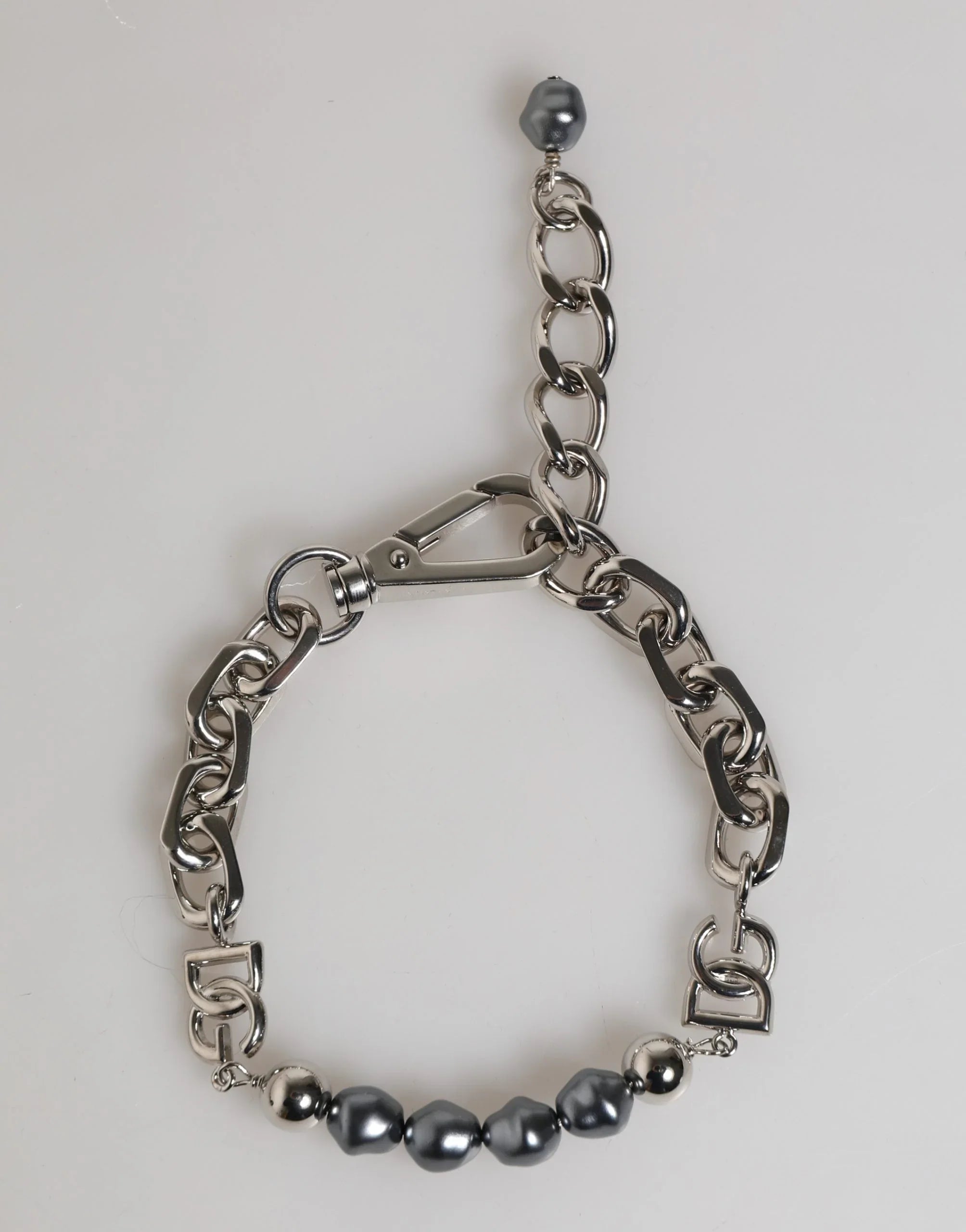 Silver Tone Chain Lobster Clasp Logo Gray Pearls Bracelet