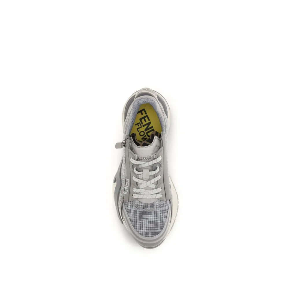 Top view of gray athletic sneakers featuring slip-on design and elastic laces by Fendi.