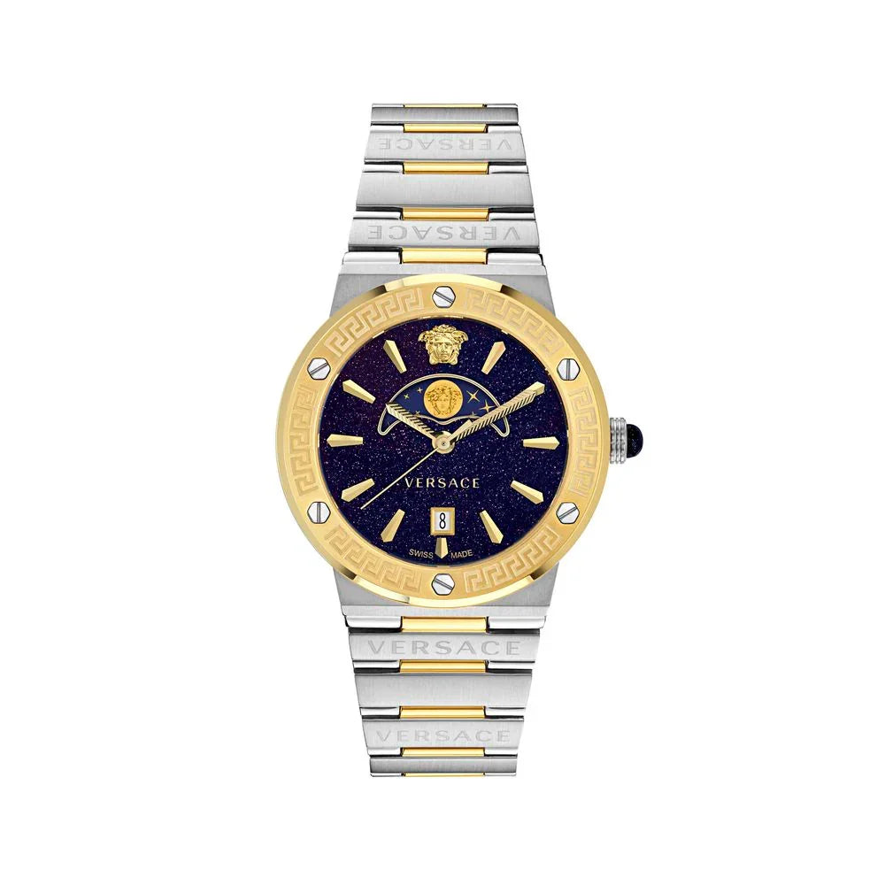 Gray stainless steel dress watch with blue dial, quartz mechanism, and sapphire glass by Versace.