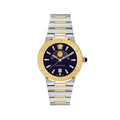 Gray stainless steel dress watch with blue dial, quartz mechanism, and sapphire glass by Versace.