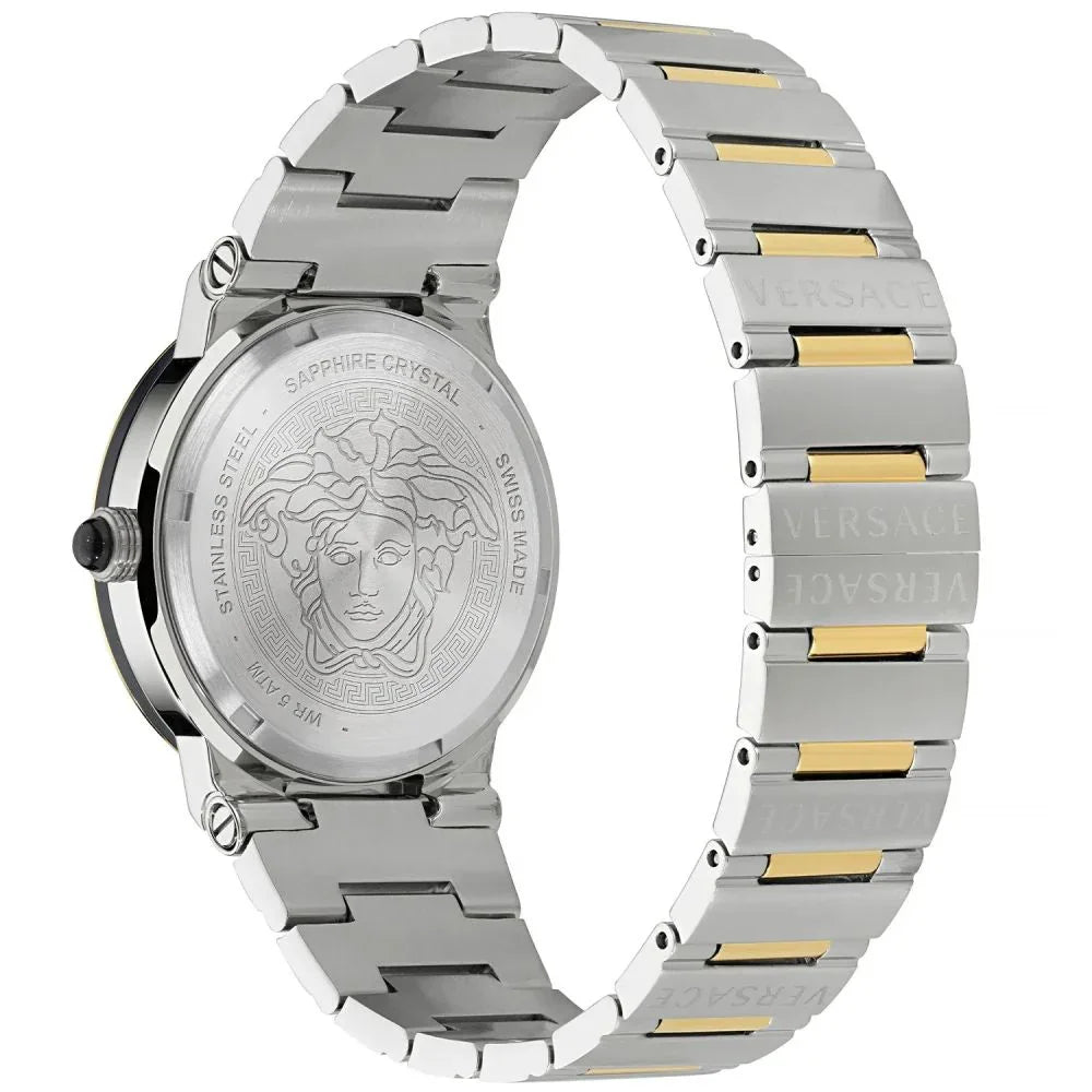Gray stainless steel dress watch featuring a stainless steel bracelet with gold accents and a sapphire crystal back.