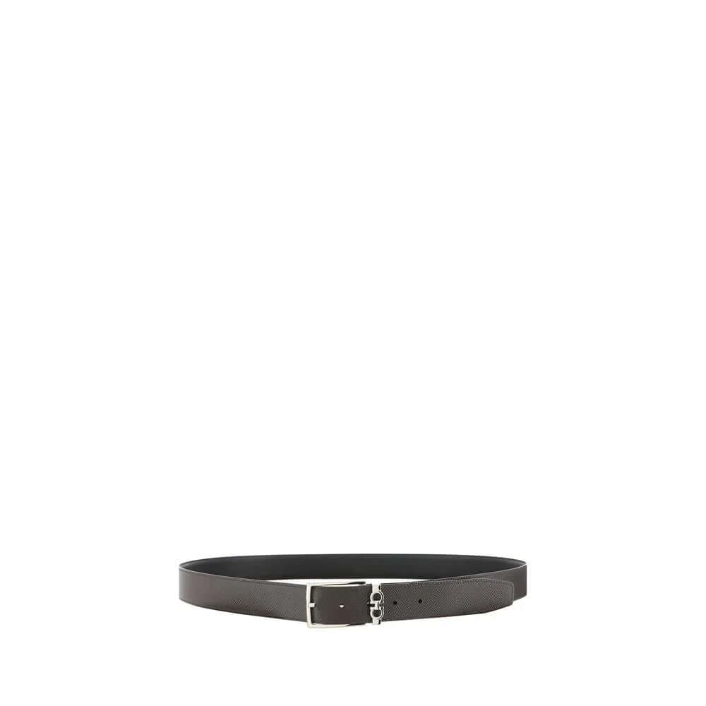 Black Calf Leather Bos Taurus Belt with reversible design and sleek metal buckle.