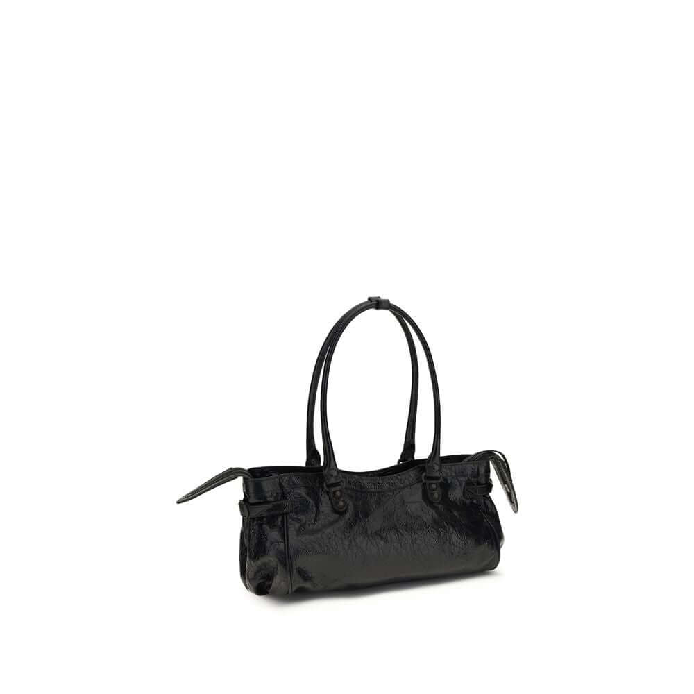 Elegant black leather shoulder bag with two straps, perfect for versatile styling and urban chic ensembles.