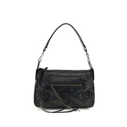 Stylish black lambskin shoulder bag featuring a compact design and durable texture.