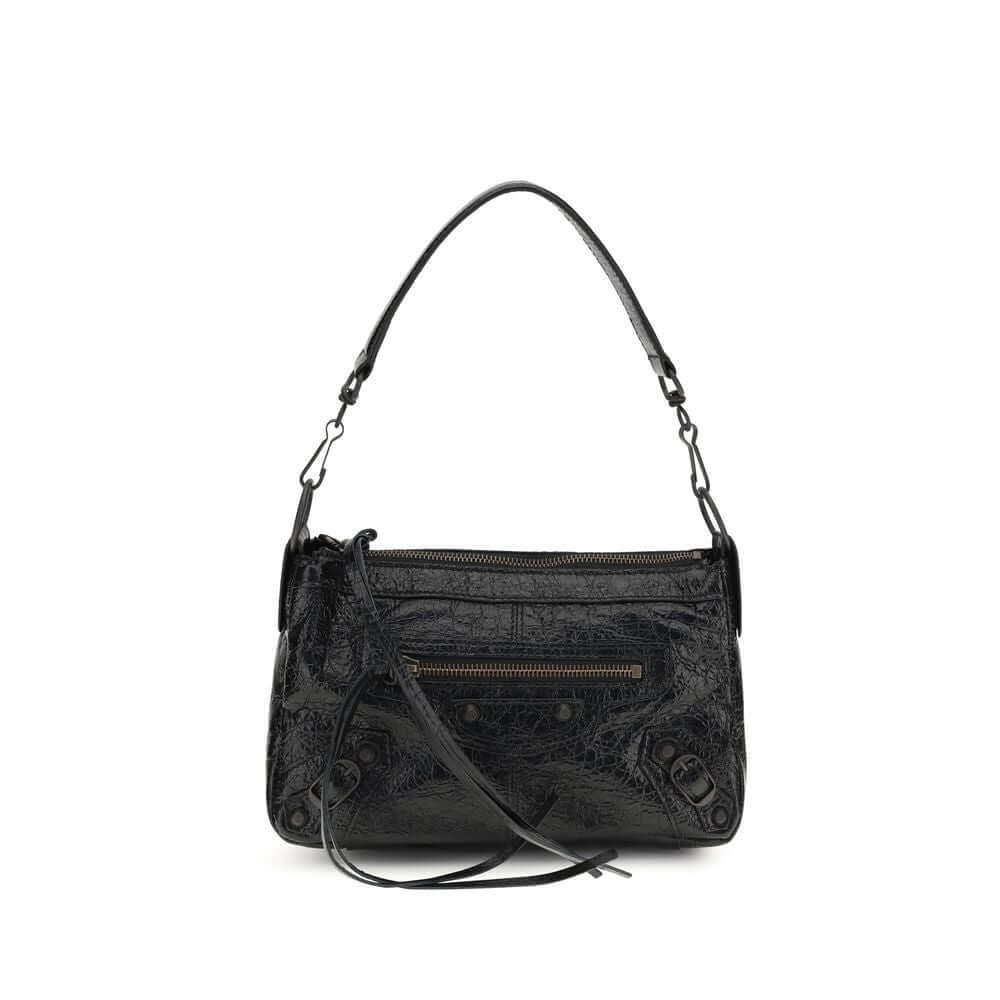 Stylish black lambskin shoulder bag featuring a compact design and durable texture.
