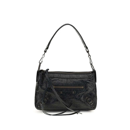 Stylish black lambskin shoulder bag featuring a compact design and durable texture.