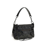 Elegant black lambskin shoulder bag with a unique textured finish and versatile strap.