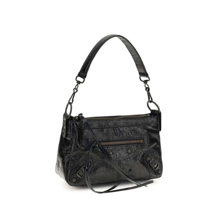 Elegant black lambskin shoulder bag with a unique textured finish and versatile strap.