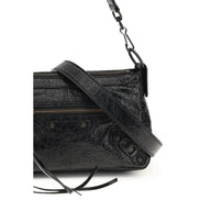 Black lambskin shoulder bag featuring textured details and a stylish strap.