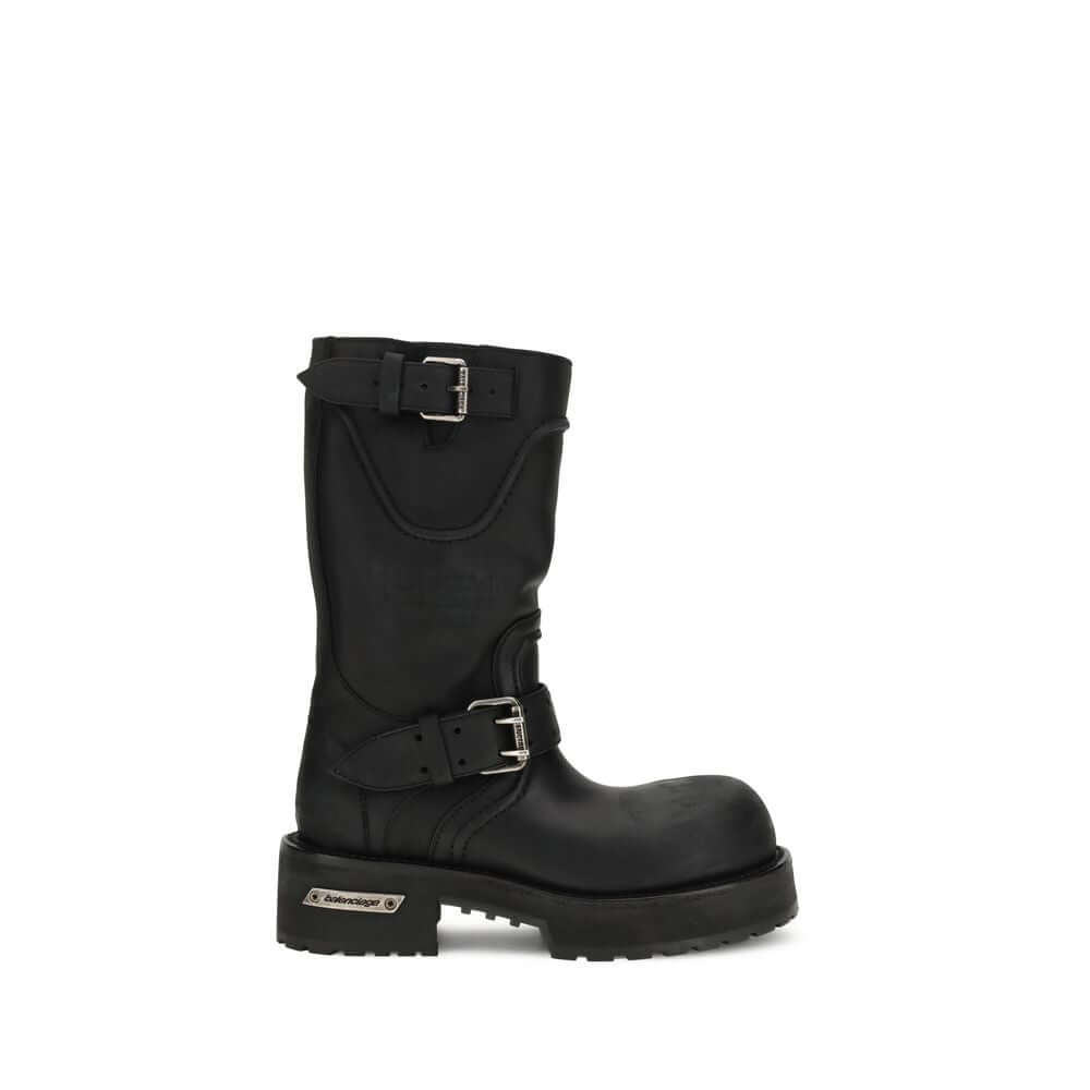 Black calf leather boot featuring buckle details, a rugged design, stylishly bold, perfect for fashion-forward looks.
