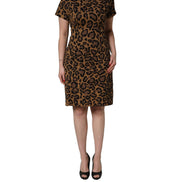 Brown Leopard Jacquard Knee Length Dress