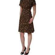 Brown Leopard Jacquard Knee Length Dress