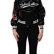 Black Satin Floral Embroidery Bomber Jacket by DOLCE&GABBANA