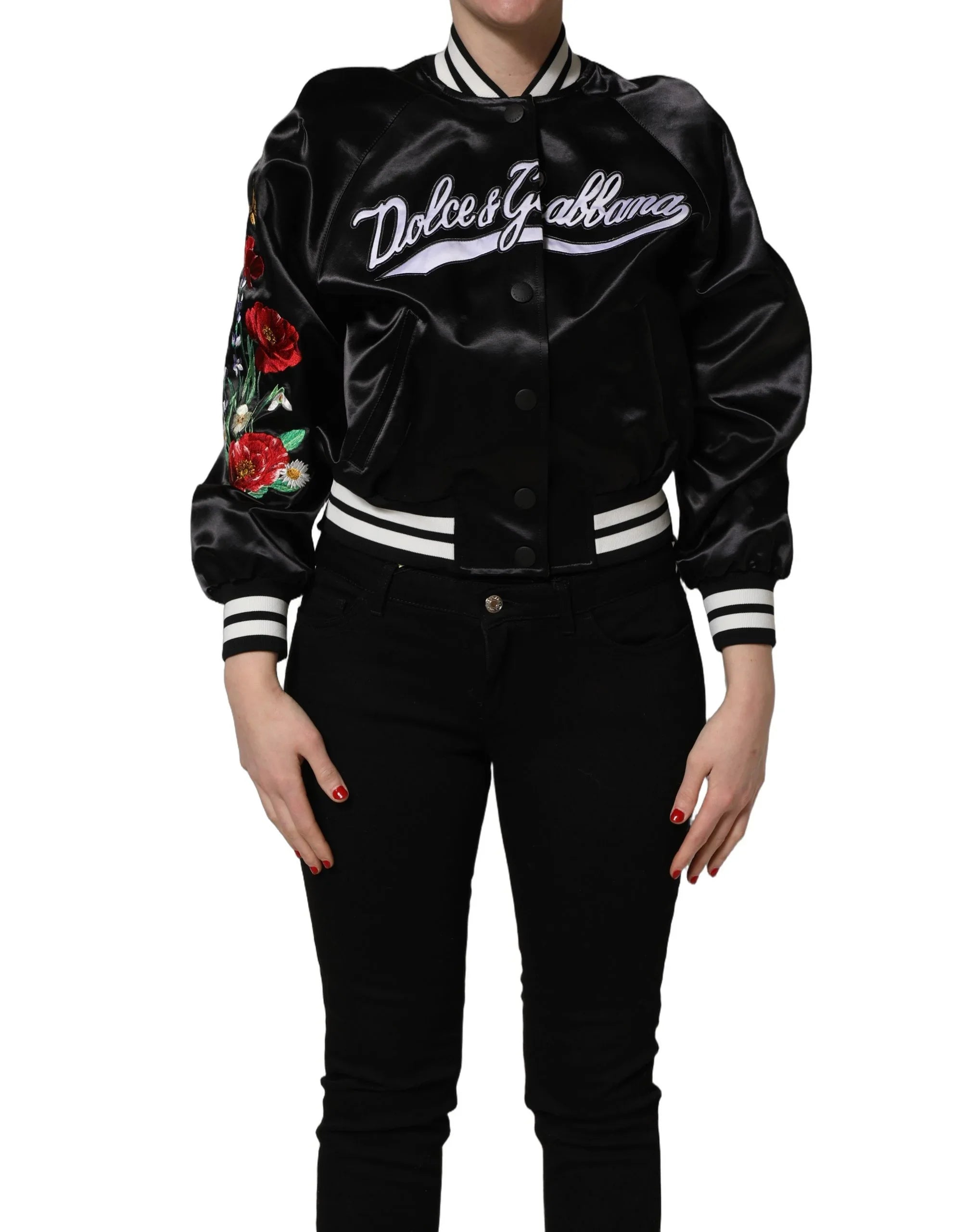 Black Satin Floral Embroidery Bomber Jacket by DOLCE&GABBANA