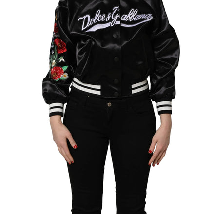 Black Satin Floral Embroidery Bomber Jacket by DOLCE&GABBANA