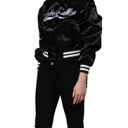 Black Satin Floral Embroidery Bomber Jacket by DOLCE&GABBANA