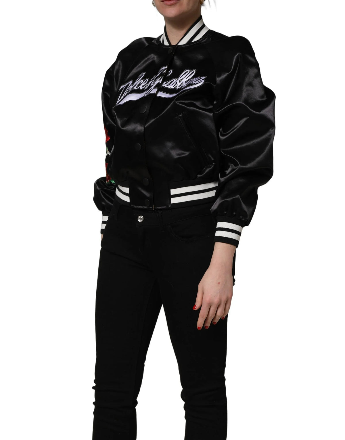 Black Satin Floral Embroidery Bomber Jacket by DOLCE&GABBANA