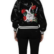 Black Satin Floral Embroidery Bomber Jacket by DOLCE&GABBANA