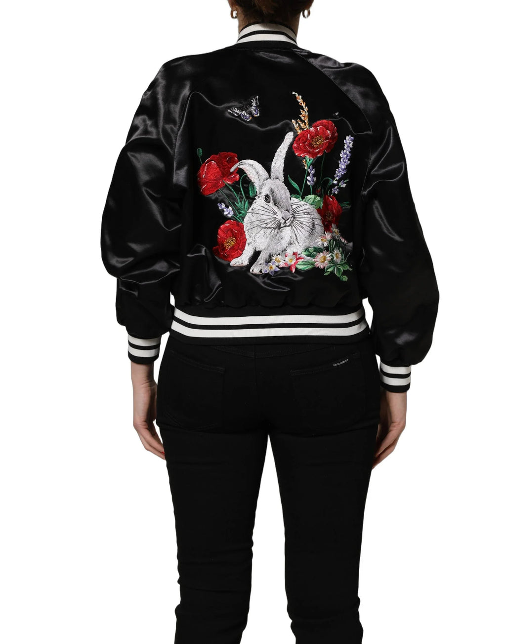 Black Satin Floral Embroidery Bomber Jacket by DOLCE&GABBANA