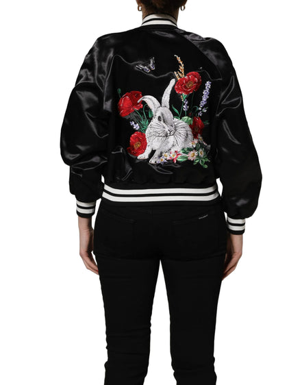 Black Satin Floral Embroidery Bomber Jacket by DOLCE&GABBANA