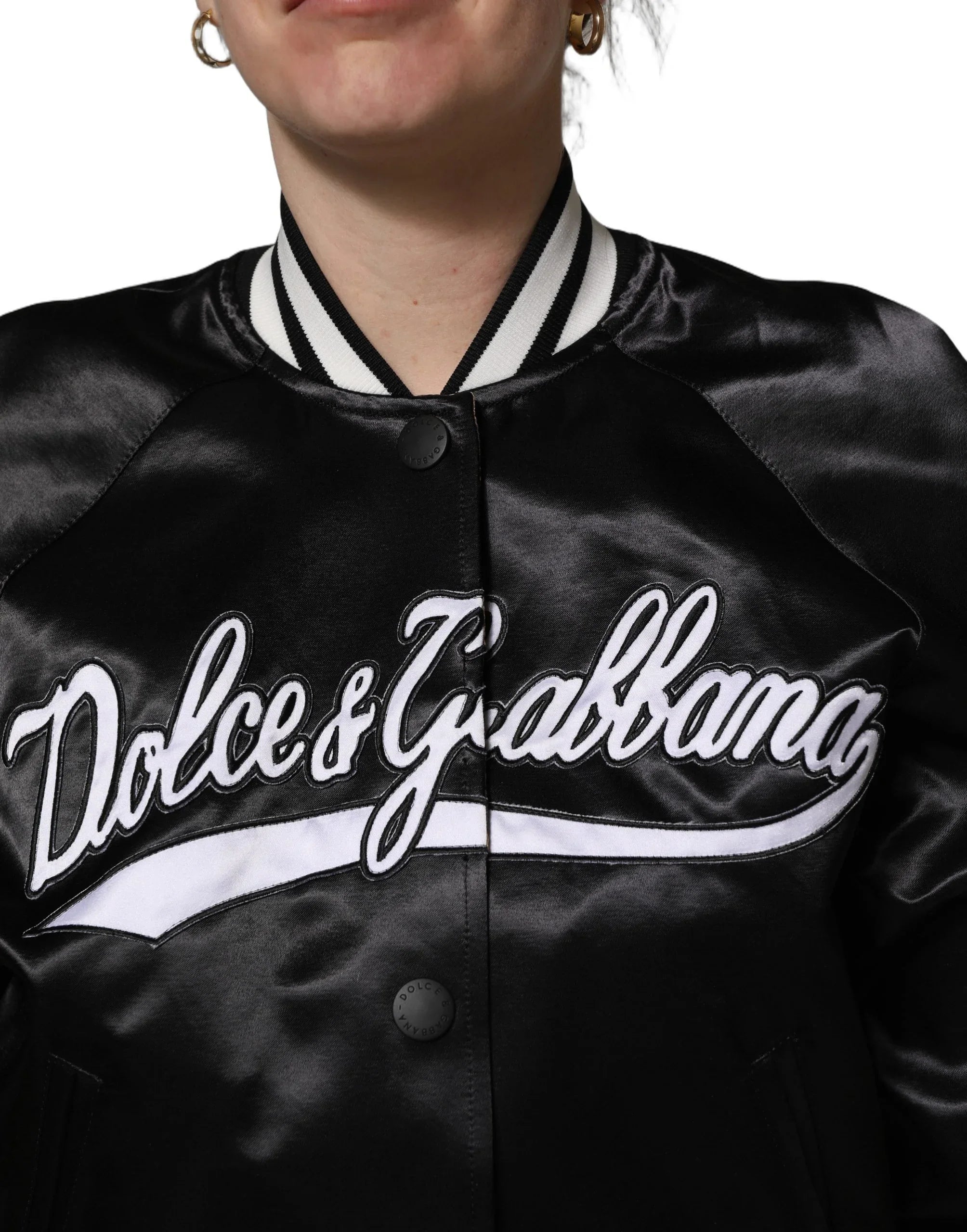 Black Satin Floral Embroidery Bomber Jacket by DOLCE&GABBANA