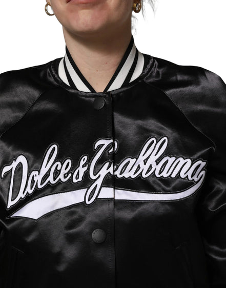 Black Satin Floral Embroidery Bomber Jacket by DOLCE&GABBANA