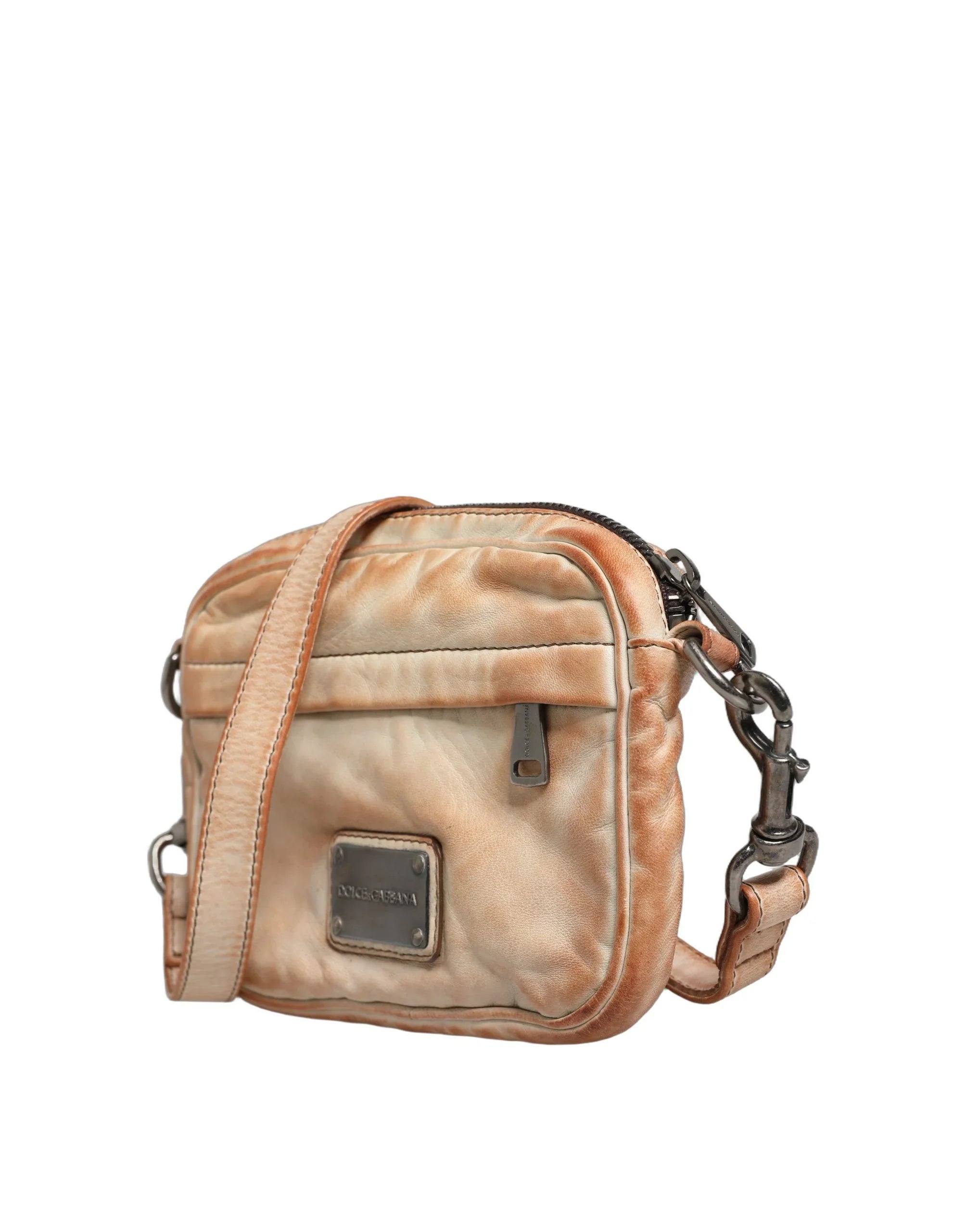 Beige Vintage Leather Logo Plaque Shoulder Borse Men Bag by DOLCE&GABBANA