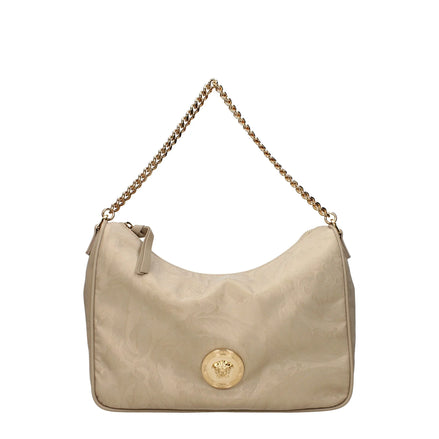 Versace beige fabric handbag with front detail and adjustable chain shoulder strap.