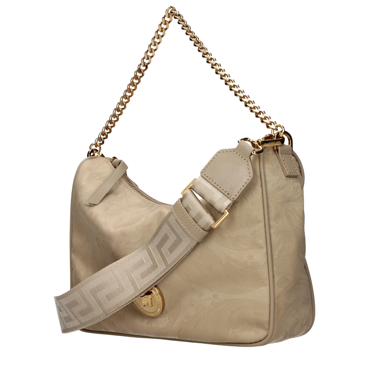 Beige fabric handbag with gold chain and adjustable strap featuring Versace branding.