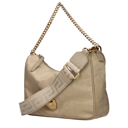 Beige fabric handbag with gold chain and adjustable strap featuring Versace branding.