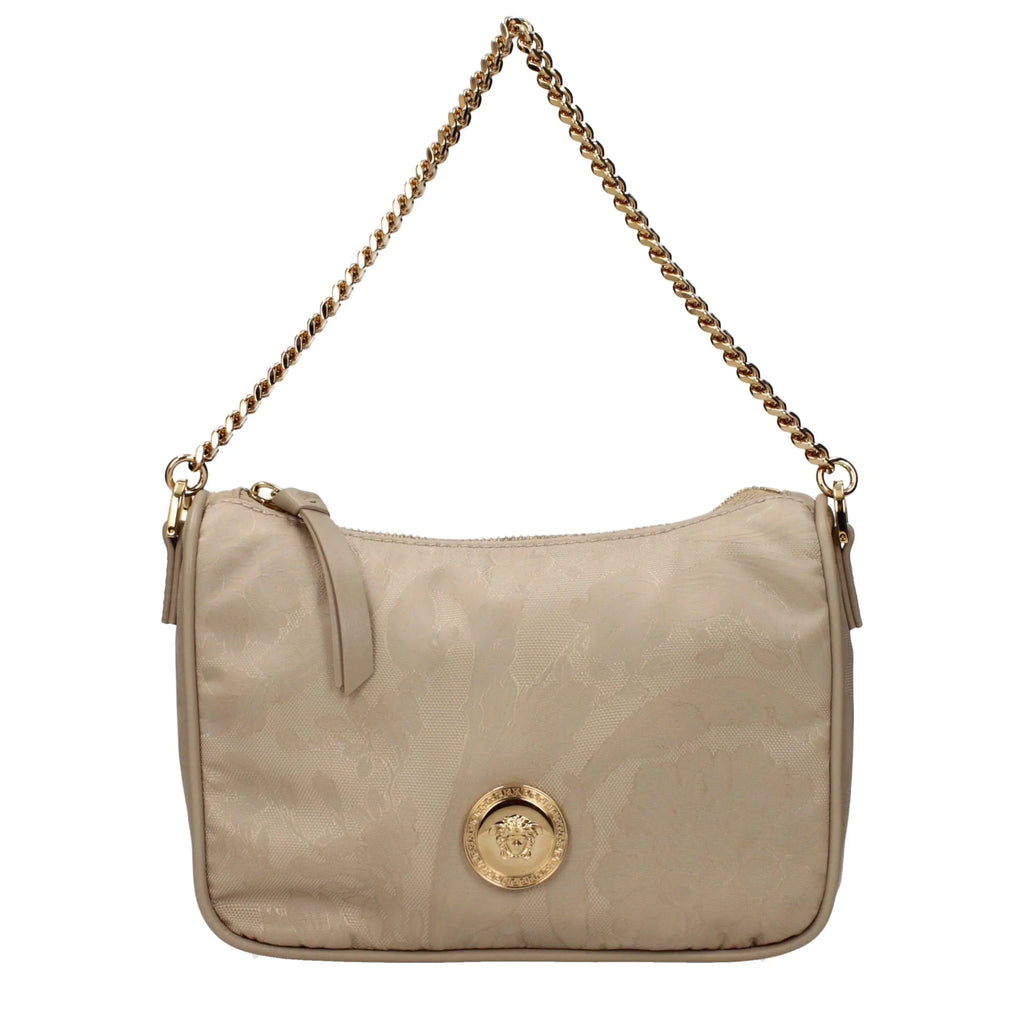 Beige fabric handbag with front detail and removable shoulder strap by Versace.