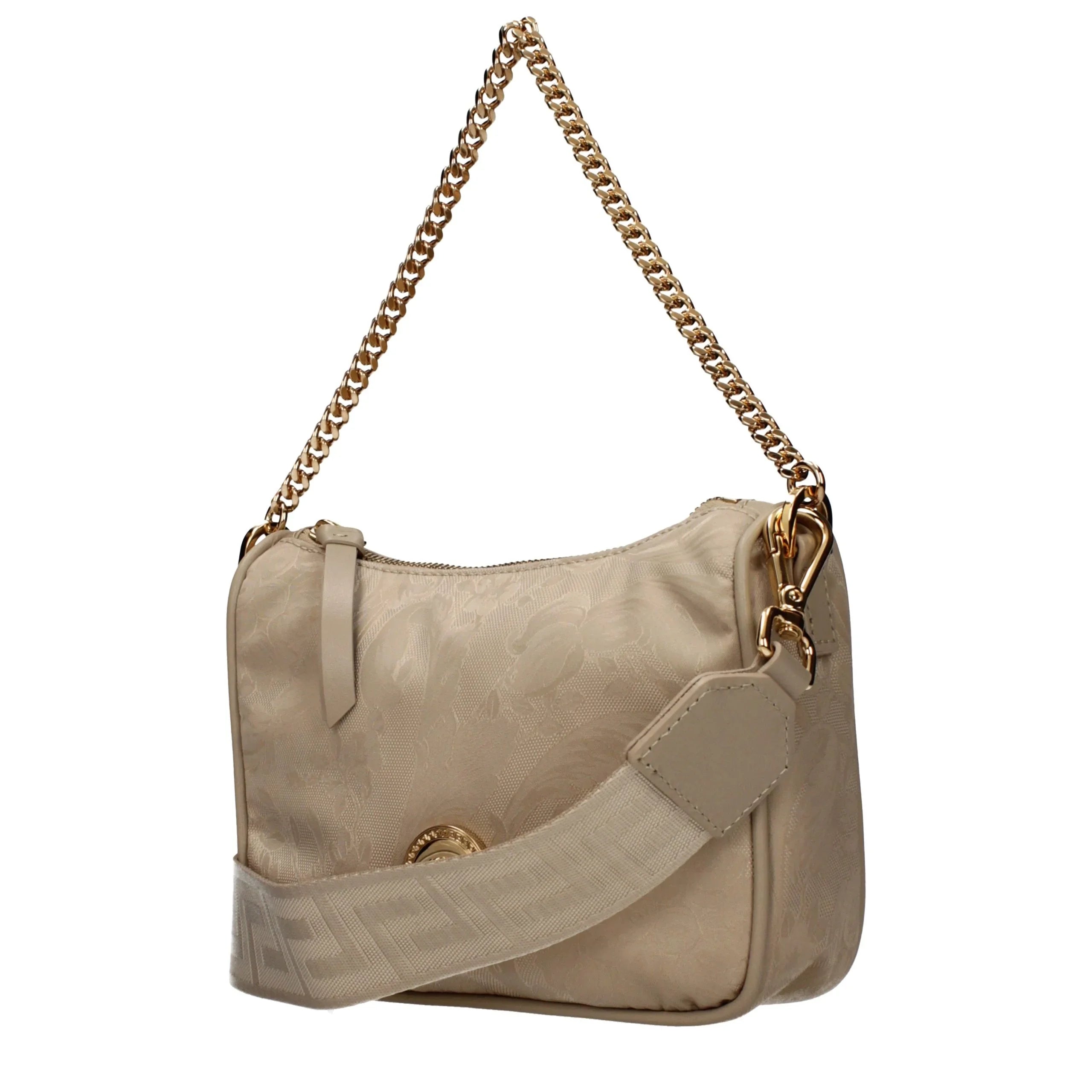 Beige fabric handbag by Versace featuring a removable shoulder strap and front detail, stylish and elegant.