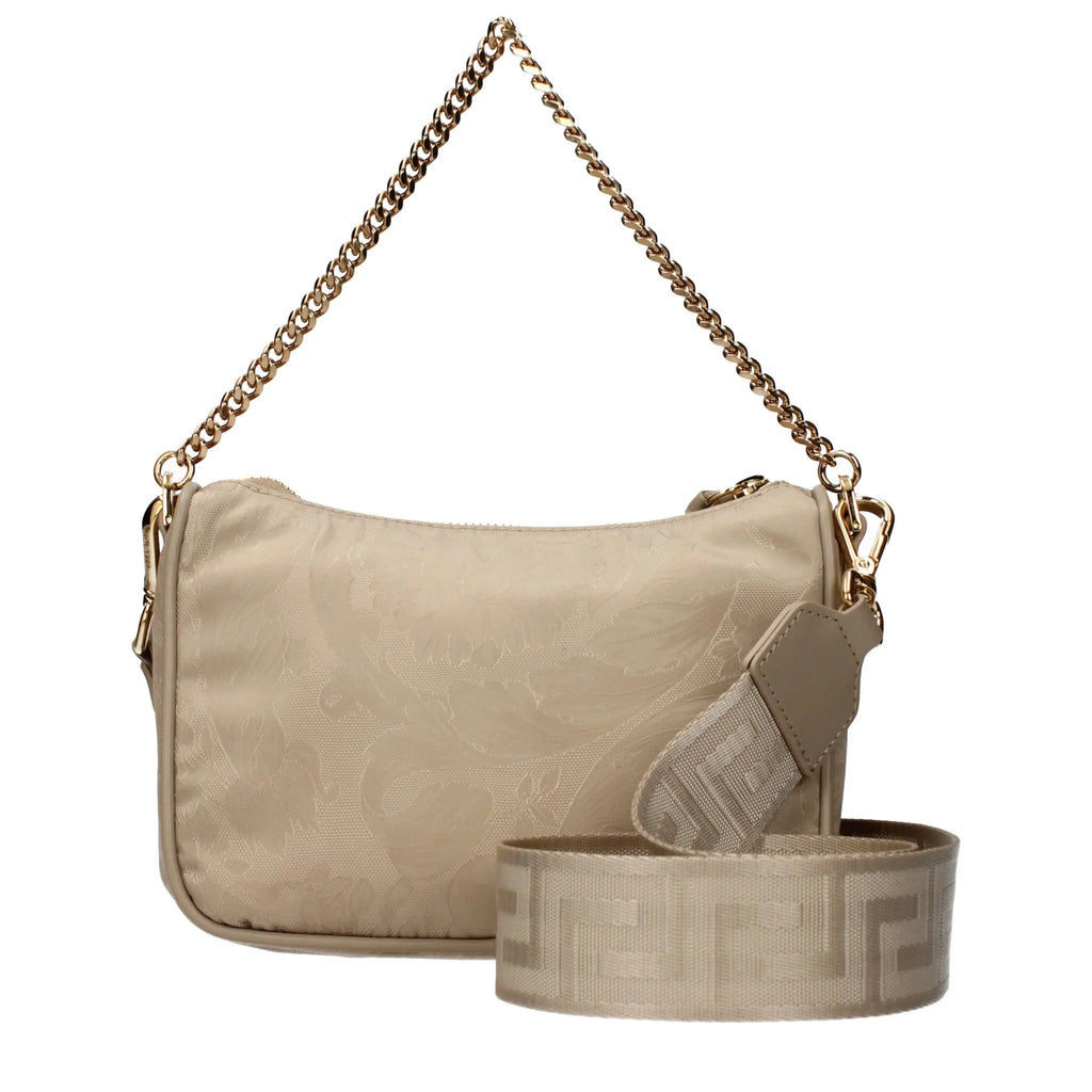 beige fabric handbag with removable shoulder strap and front detail by Versace