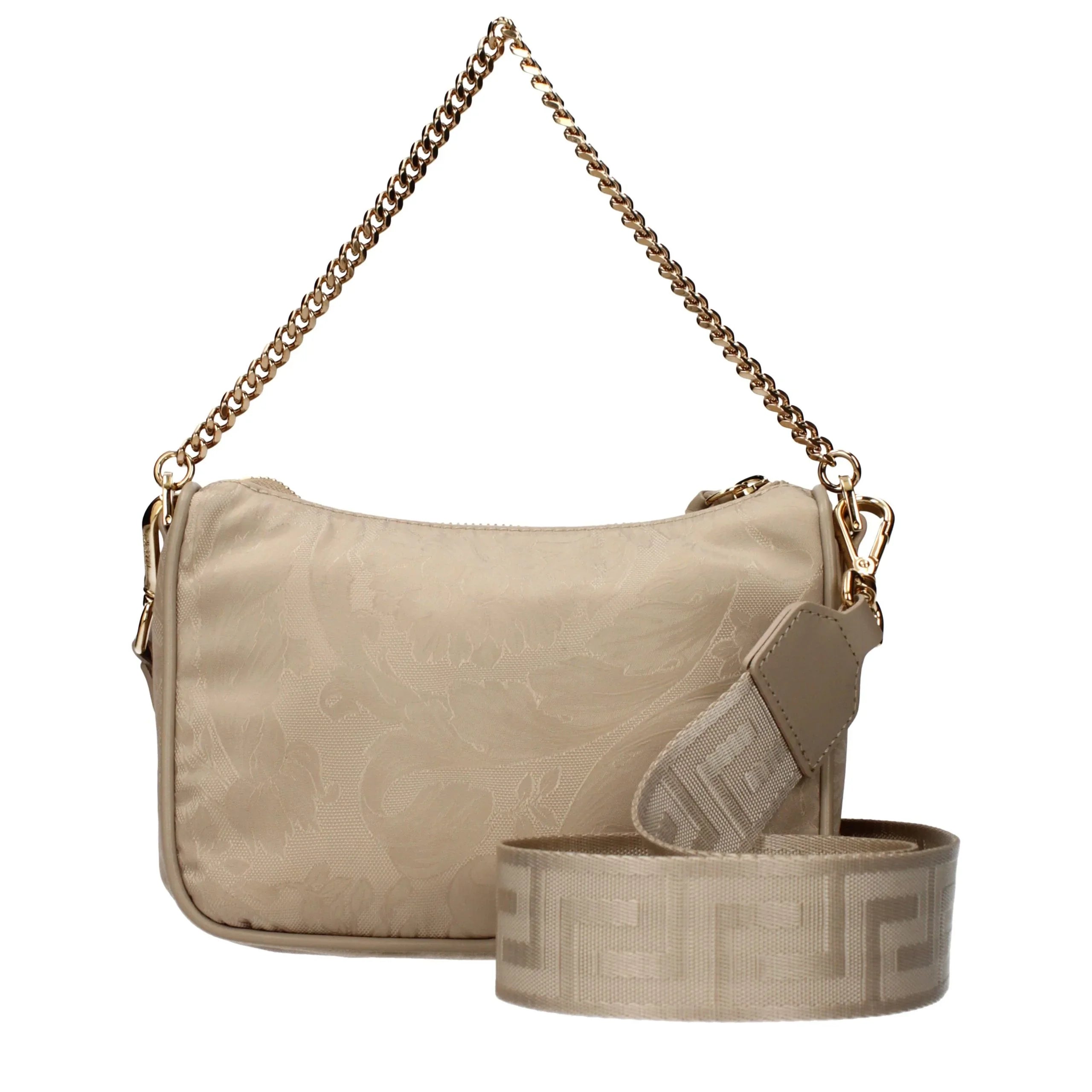 beige fabric handbag with removable shoulder strap and front detail by Versace