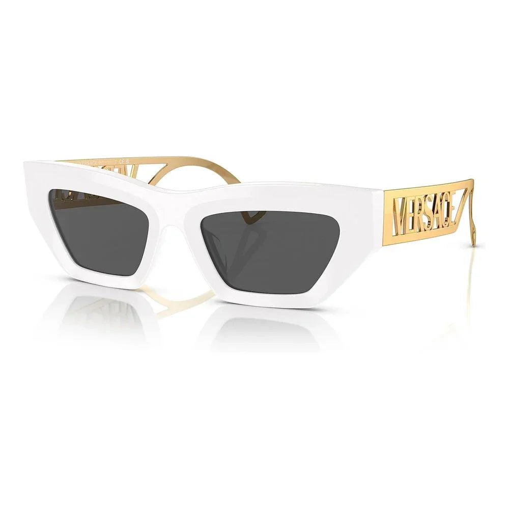 White acetate sunglasses Versace VE4432 with gray lenses and gold detailing.