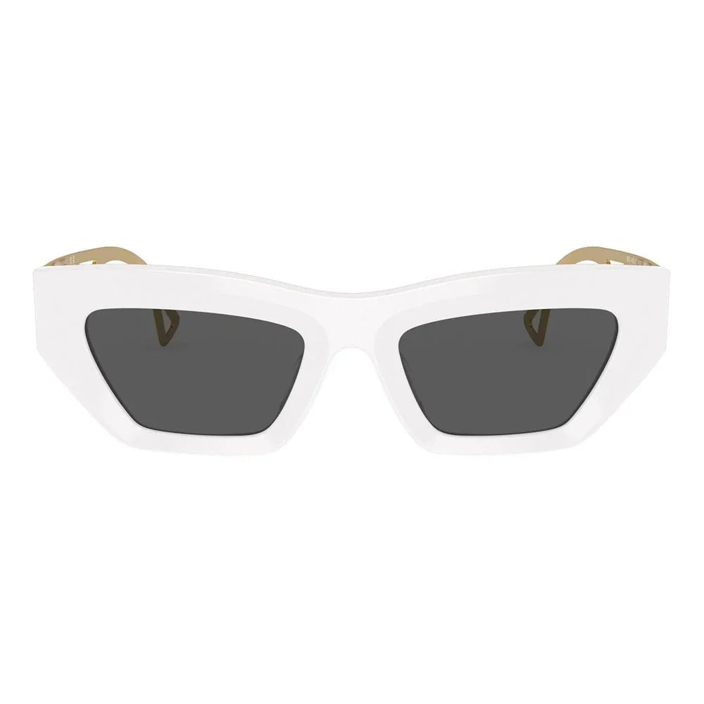 White acetate sunglasses stylish design with gray lenses and unique shape.
