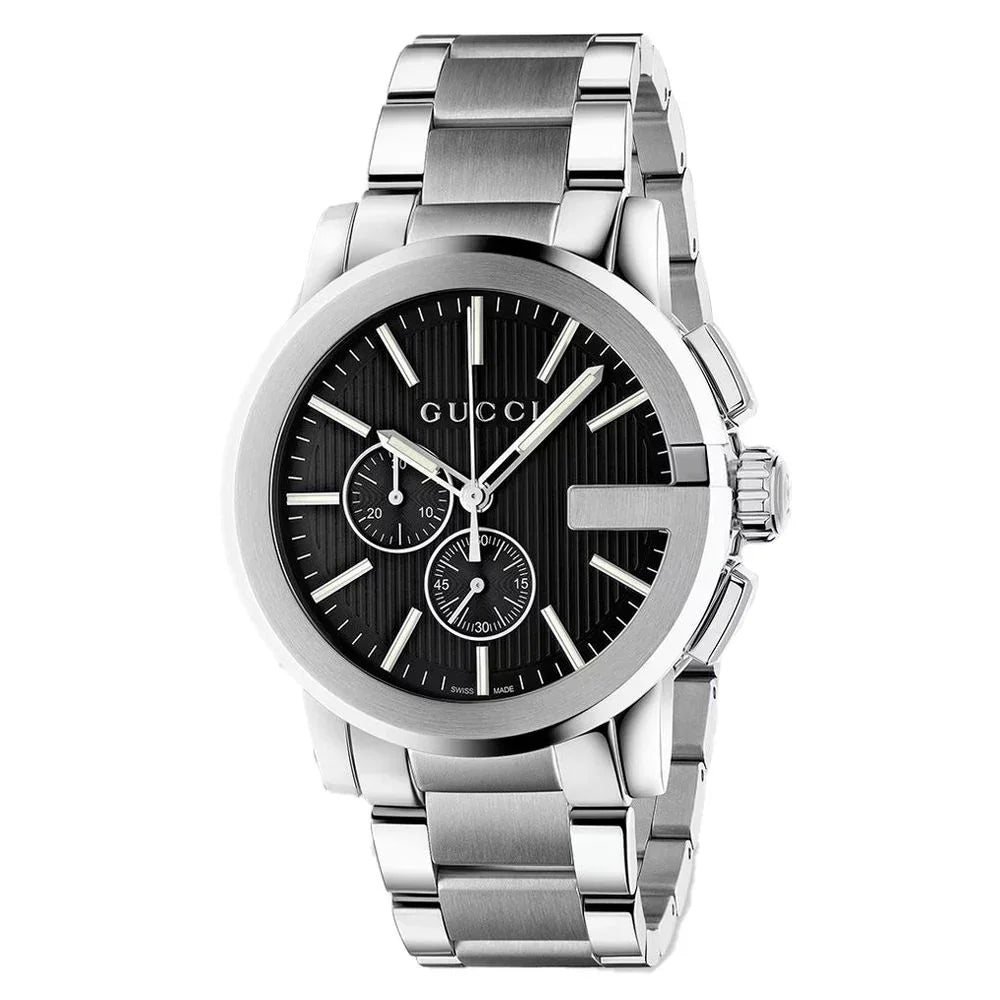Gray stainless steel dress watch with black dial and quartz movement.