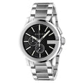 Gray stainless steel dress watch with black dial and quartz movement.