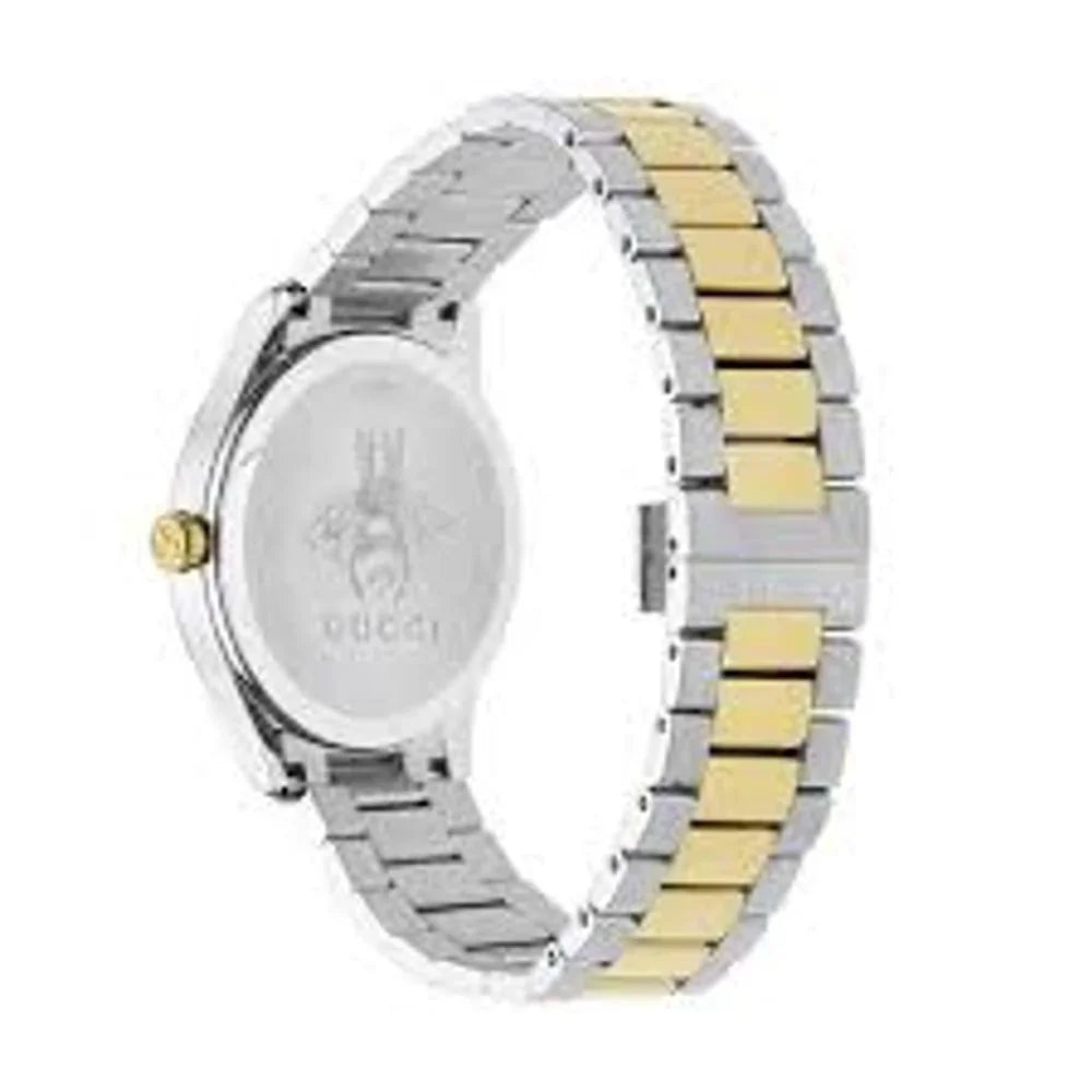 Silver stainless steel dress watch featuring a quartz mechanism with a two-tone bracelet and sapphire glass.