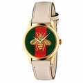 Beige leather dress watch featuring a unique bee design on a multicolored dial with golden case and buckle.