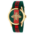 Multicolor nylon bracelet watch with a golden case and bee design on a vibrant dial.