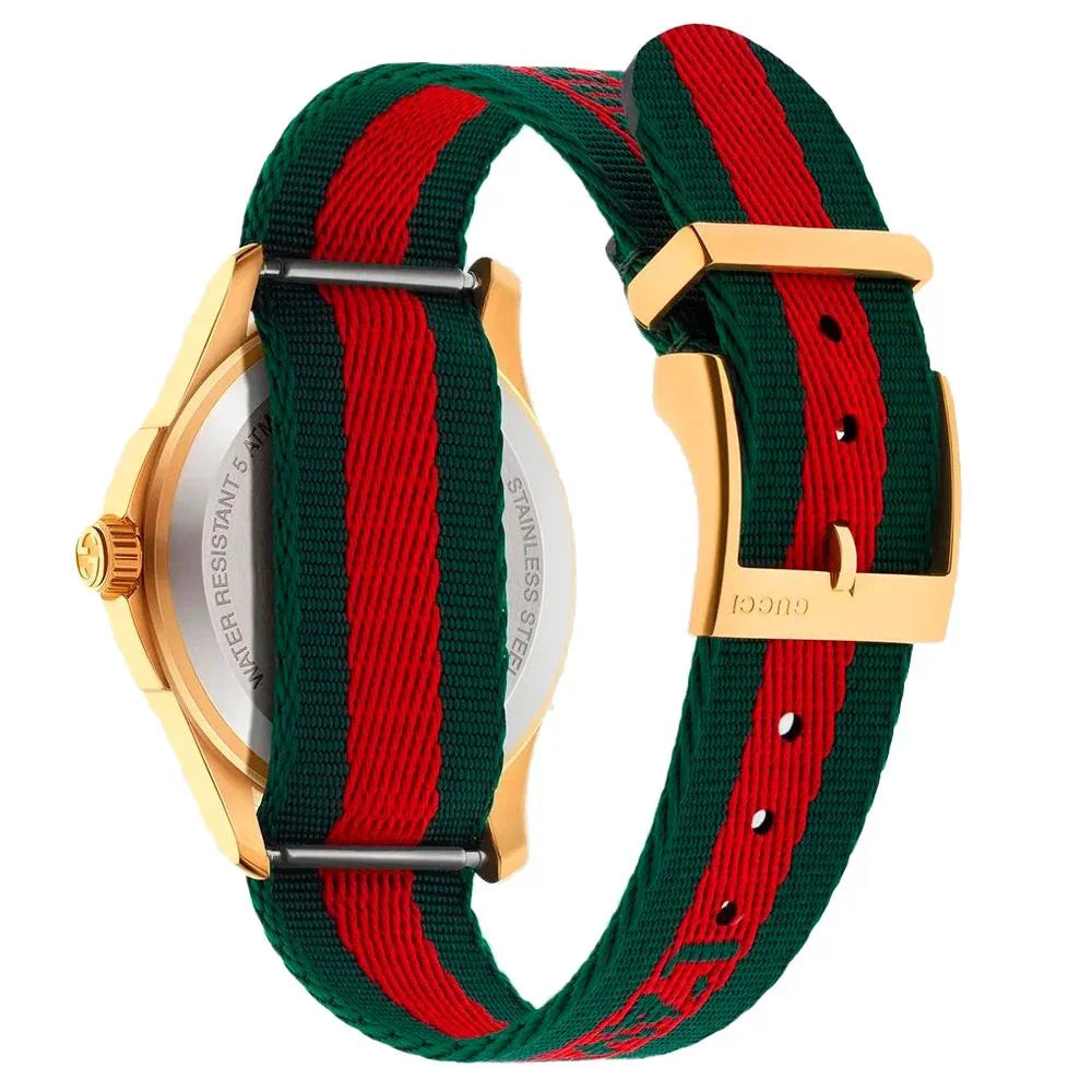 Multicolor nylon bracelet watch featuring a golden stainless steel case and a stylish buckle closure.