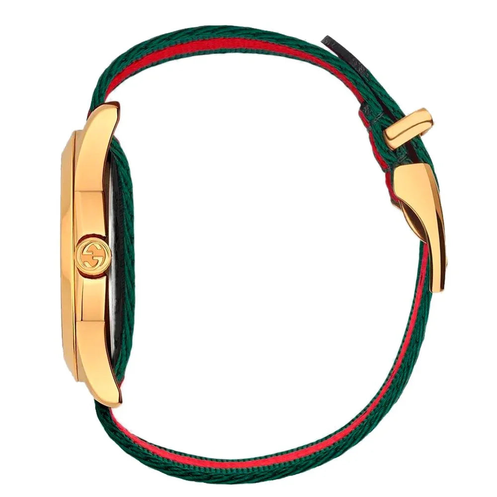 Multicolor nylon bracelet watch showing golden stainless steel case and colorful strap.