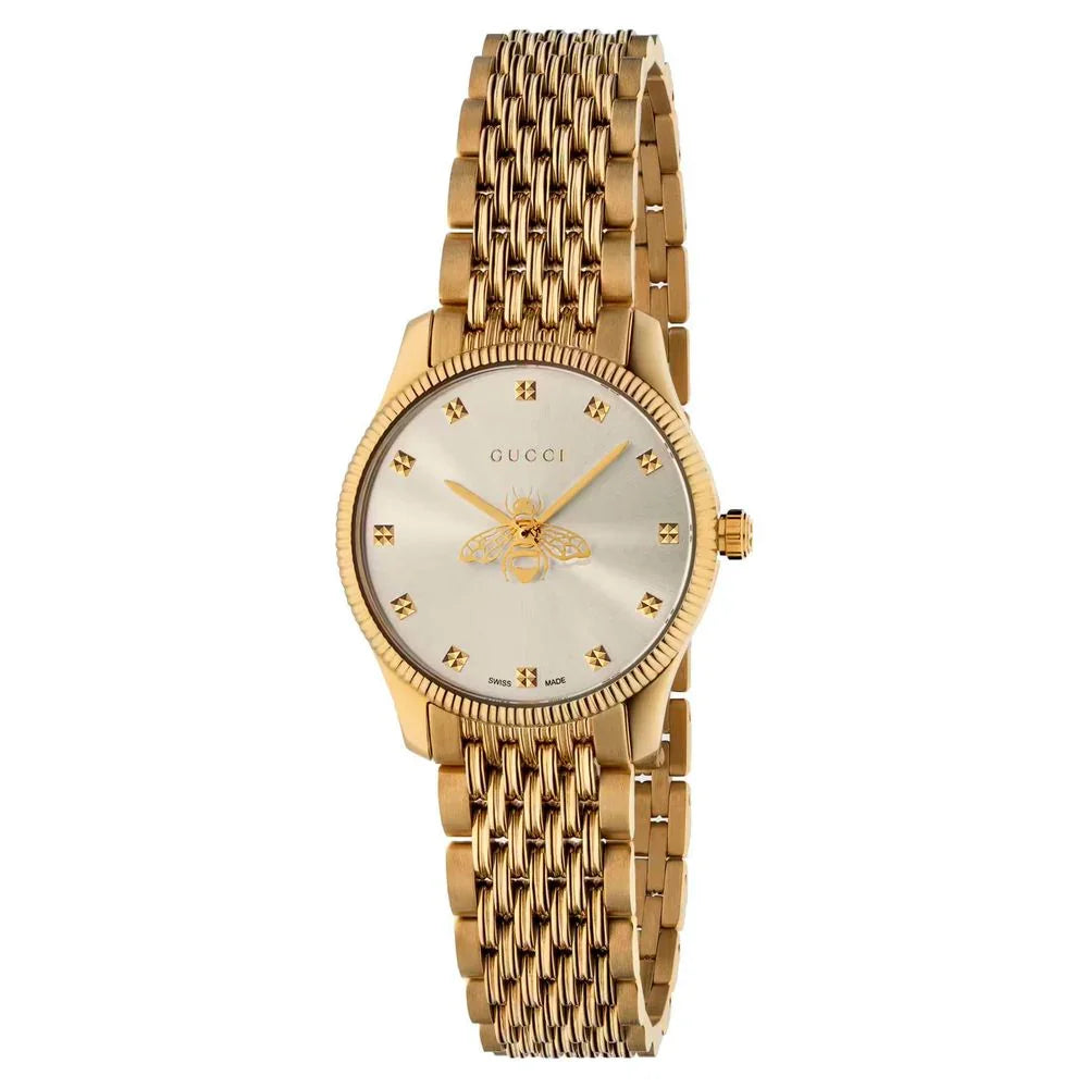Gold stainless steel dress watch featuring quartz mechanism and sapphire glass.