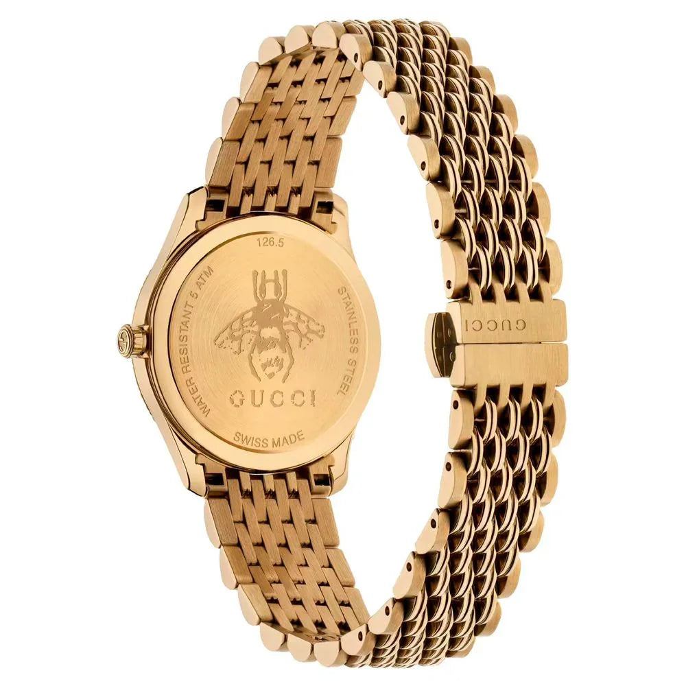 Gold stainless steel dress watch with a stylish bracelet and Gucci logo.